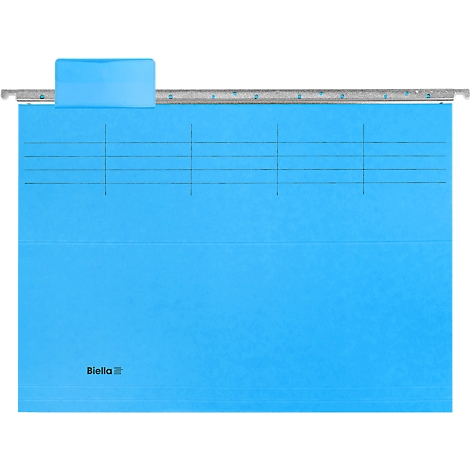 Light blue hanging file with a metal rail. Black lines are visible on the folder. A white logo can be seen in the bottom left.