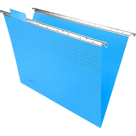 Light blue hanging file folders with silver rails. Horizontal lines on the front. The background is white.
