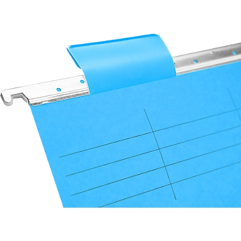 Light blue hanging file folder with metal bracket. Black lines on the paper. The metal holder is tilted with the hook to the left.