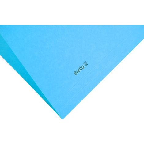 Light blue paper by Biella with logo, arranged diagonally.