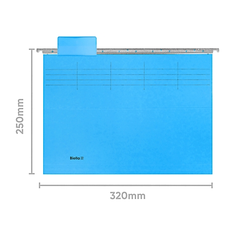 Light blue hanging file, with silver bracket and dimensions, 250mm x 320mm.