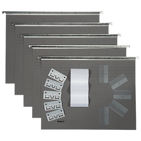 Grey hanging files with accessories, including labels, binding strips, and holders.