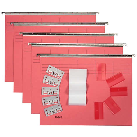 Hanging folders, red index cards, labels and accessories. The image shows a set of index cards with hanging rails.