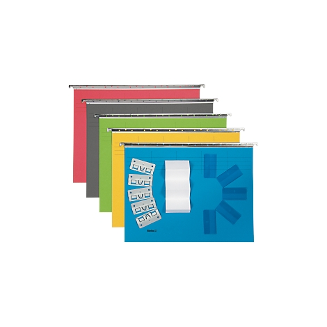 Hanging folders in various colors, arranged side by side, with labels and paper.