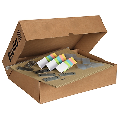 An open brown cardboard box with paper clips, sticky notes and metal parts. Printed lettering: Biella.