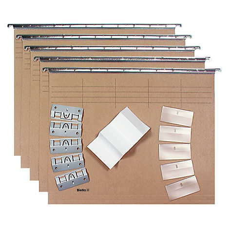 Several brown hanging folders with metal hanging rails and accessories like labels and brackets.