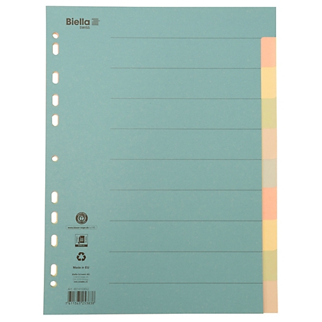 Light blue file divider with holes. Colored dividers on the right. Text lines and "Biella" are on the sheet.