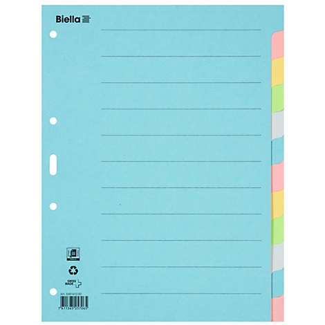 Light blue filing sheet with holes, lined pages, and colored tabs. The brand name "Biella" is visible at the top left.