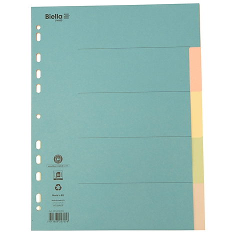 Light blue register sheet with holes and colored tabs. "Biella" is written on the left.