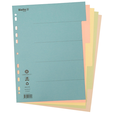 Bright turquoise file dividers with colored tabs, punched and lined. Logo of Bielle.