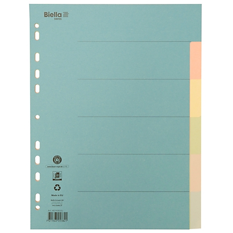 Turquoise Biella divider with colored separators. Biella is written on the top left, below it perforations for filing.