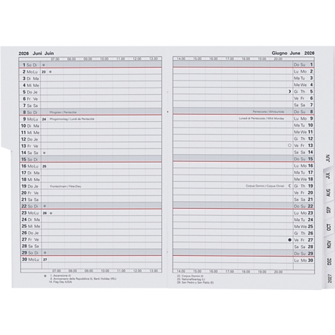 Aufgeschlagenes Notizbuch, Juni 2026. Graue Seiten mit Wochenkalendern, grauen Linien, Überschriften und Datumsangaben.