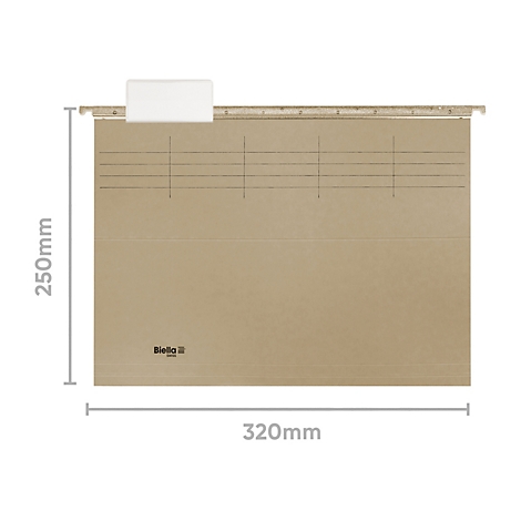 Chemise suspendue avec des dimensions de 250mm x 320mm. La chemise comporte des lignes horizontales et un autocollant. La chemise est marron.