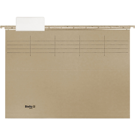 Classeur suspendu en carton brun, avec une étiquette blanche, des lignes grises et un logo.