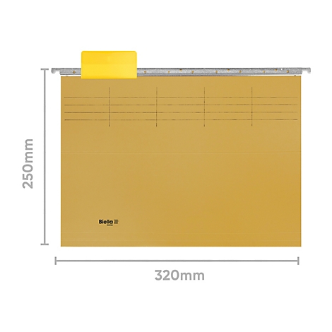 Chemise suspendue jaune avec onglet jaune et dimensions.