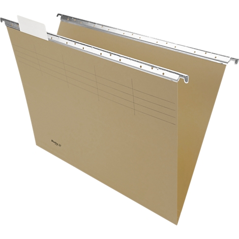 Classeur suspendu en carton brun avec rails métalliques et fines lignes, avec une étiquette blanche.
