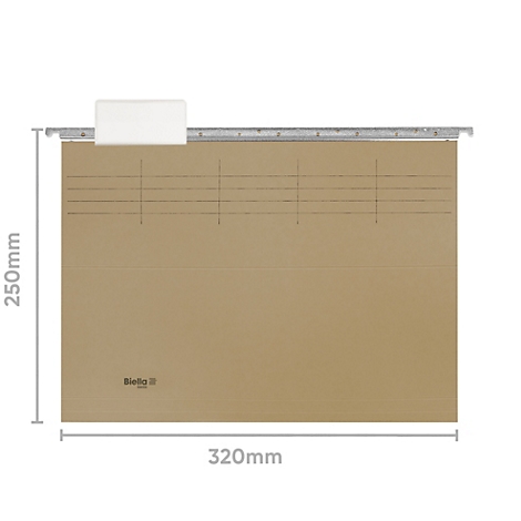 Classeur suspendu avec des dimensions de 250 x 320 mm. Le dossier est marron, avec des lignes noires et une étiquette blanche.