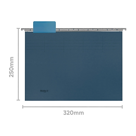 Classeur suspendu bleu avec onglet bleu et indications de taille : 250mm x 320mm.