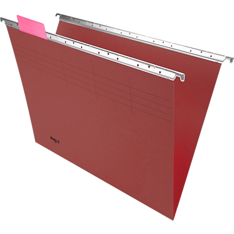 Classeur suspendu rouge, avec onglet rose et rails argentés.