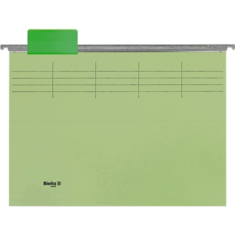 Chemise de classement suspendue vert clair avec onglet d'étiquette vert et lignes noires. Marque "Biella" en bas.
