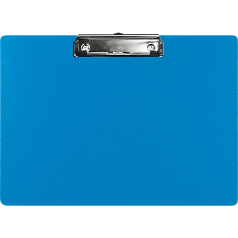 Blaues Klemmbrett mit Metallklemme.