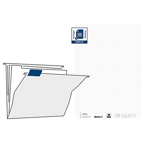 An open gray hanging file with a blue tab and logo.