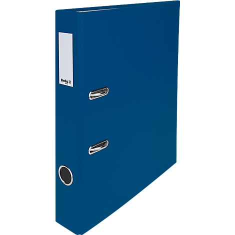 Blauer Aktenordner mit weissem Etikett und silbernen Metallbeschlägen. Der Ordner steht leicht schräg.