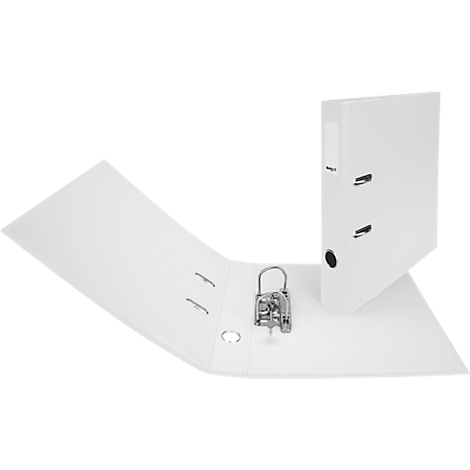 Weisser Ordner, geöffnet. Metallmechanismus und Aufkleber erkennbar.