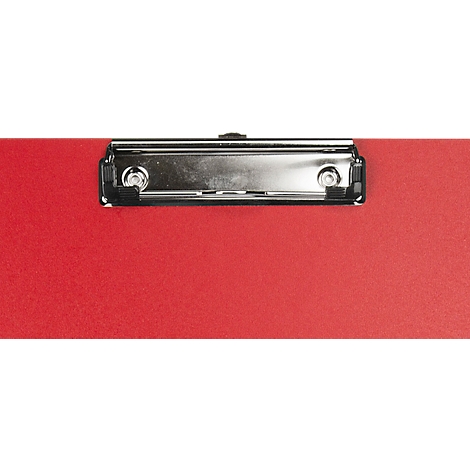 Presse-papiers rouge avec pince métallique argentée.