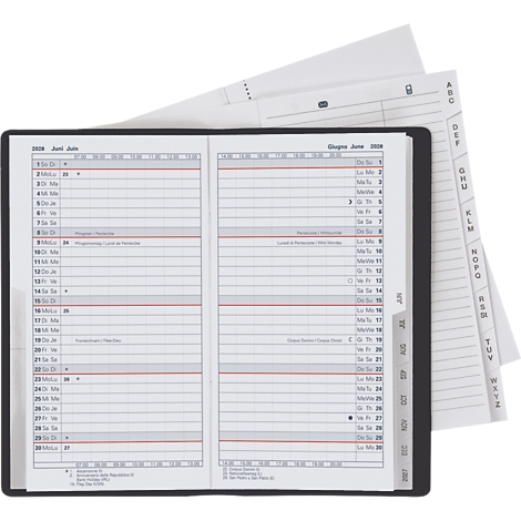 Geöffneter schwarzer Kalender, Juni-Seite, daneben Registerkarten. Weisse Seiten mit Wochen- und Tagesübersicht. Rote Linien und schwarze Schrift.