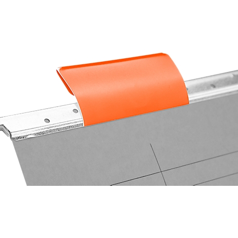 Gros plan d'un registre orange fixé à un dossier gris avec des lignes et des traits.