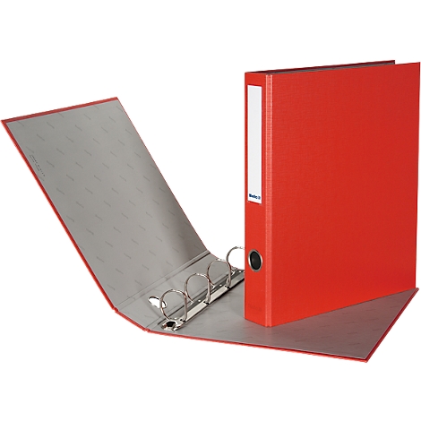 Red file folder, opened, with gray interior and silver ring mechanism, next to a closed file folder.