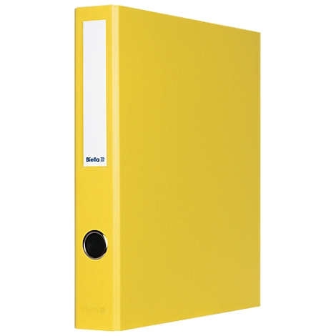 Yellow file folder in portrait format. On the spine is a white label with the brand 'Biello'. The closure is a black metal hole.