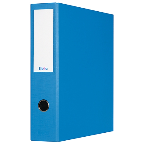 Blue binder with white label and black hole.