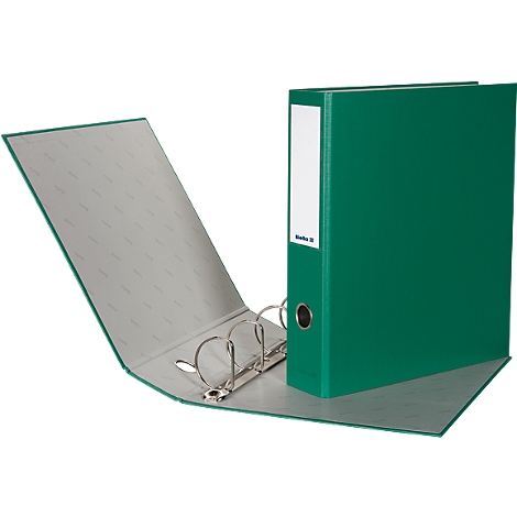 A green binder, open, showing a ring mechanism and a white labeling area.