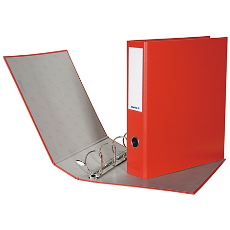 A red binder with opened pages. Gray inside, with metal rings. A white label on the outside.
