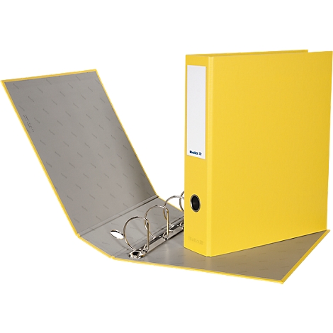 Yellow file folder, open, with silver rings. The spine is labeled.