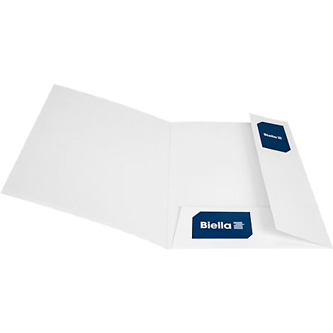 Offene weisse Dokumentenmappe mit blauem Label 'Biella'.