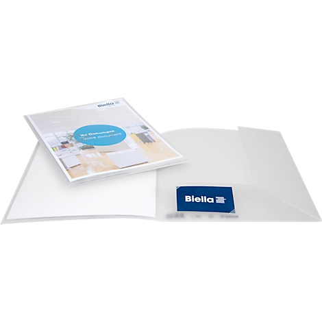 Offene, transparente Dokumentenmappe mit einem Flyer und einer blauen Karte. Flyer mit Text und rundem, blauem Overlay.
