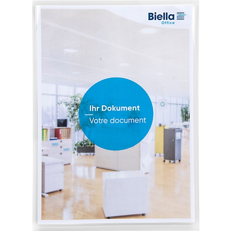 Dokument in einer Klarsichthülle. Blauer Kreis mit „Ihr Dokument/Votre document“ vor Büro. Biella-Logo oben rechts.