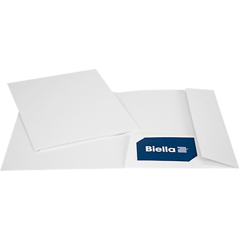 Weisse Dokumentenmappe, offen, mit blauem Label „Biella“.