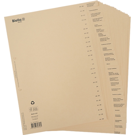 Hellbraune Registerblätter, bedruckt mit schwarzer Schrift. Das Papier trägt das Logo 'Biella'.