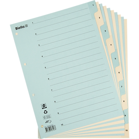 Hellblaue Registerkarten mit Linierung und Zahlen von 1 bis 10. Das Biella Logo befindet sich links oben.