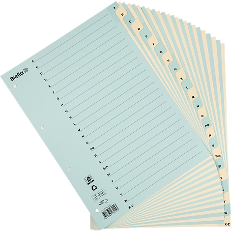 Hellblaue Registerkarten mit Buchstaben. Die einzelnen Seiten sind gestreift.