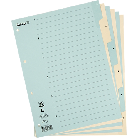 Hellblaues Register mit Schreiblinien, gelben Trennwänden und Beschriftung. Oben links das Markenlogo Biella.