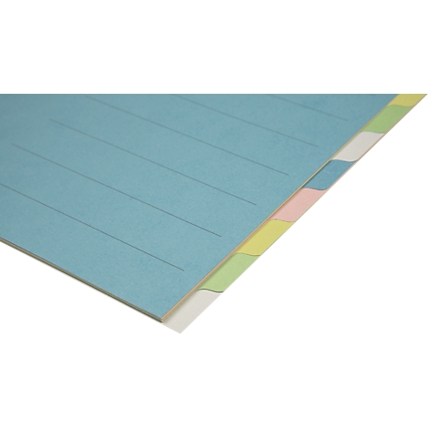 Hellblaues Notizbuch mit farbigen Laschen. Linien auf den Seiten, die überstehen.