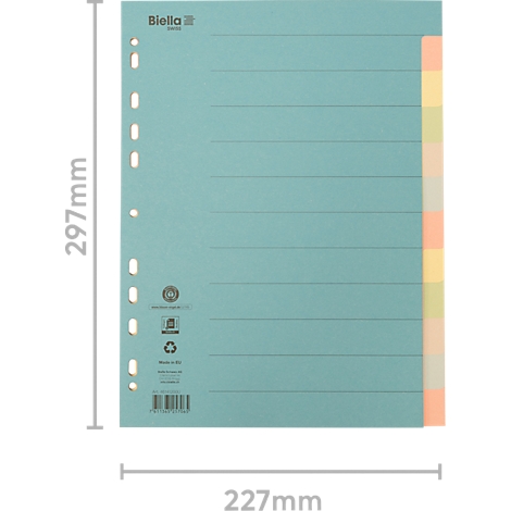 Index Biella bleu clair avec onglets colorés et dimensions 297mm x 227mm.