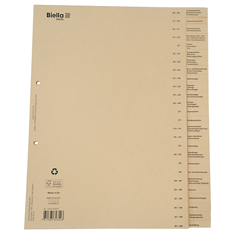 Fiche beige avec trous pré-perforés. Intitulé "Biella" et table des matières.
