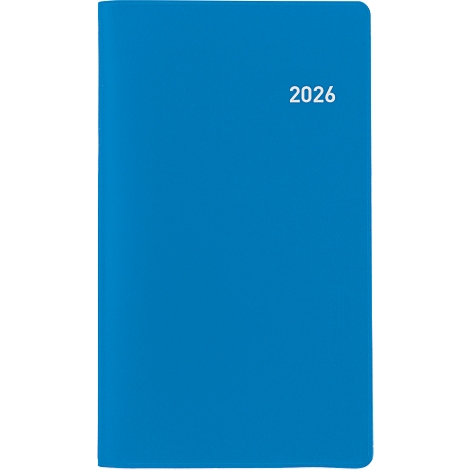 Blauer Terminkalender mit weisser Jahreszahl 2026. Rechteckiges Format, glatte Oberfläche.