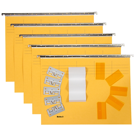 Yellow hanging folders with metal rails and accessories on a yellow background. Includes paper clips, sticky notes, and labels.